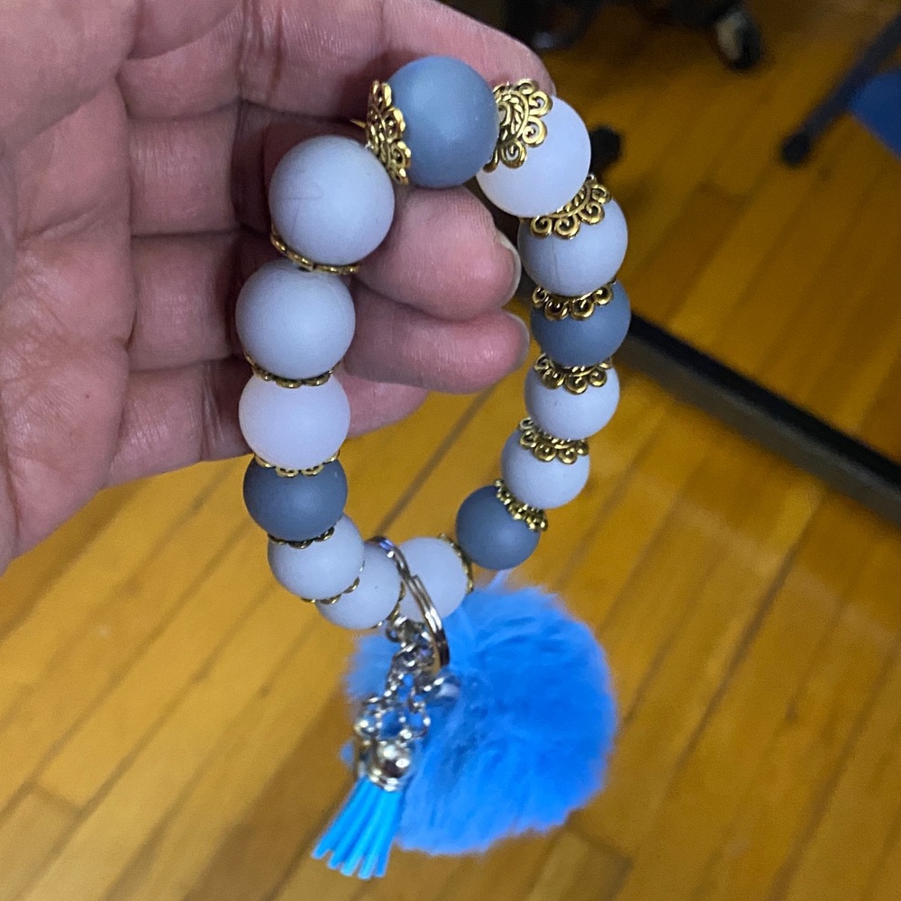 Blue Pom-Pom Bracelet Keychain with Tassel